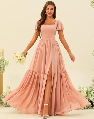 SEIM Women's Flutter Sleeve Bridesmaid Dresses with Slit Long Square Neck Chiffon Formal Dress SE9802