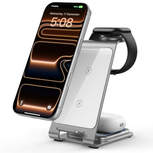 Intoval Aluminum 3 in 1 Wireless Charging Station for iPhone 17 16 15 14 13 12 11 Pro Max XR, Wireless Charger for Apple Watch 11 10 9 8 7 Ultra SE 3 2, Phone Charger for AirPods 4 Pro 2 3 (Silver)