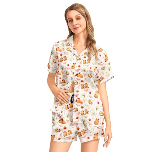Image of Funny Pajamas for Women Set Print Satin Loungewear Pjs Short Sleeve Button Down Top and Shorts Sets Sleepwear XS-3XL