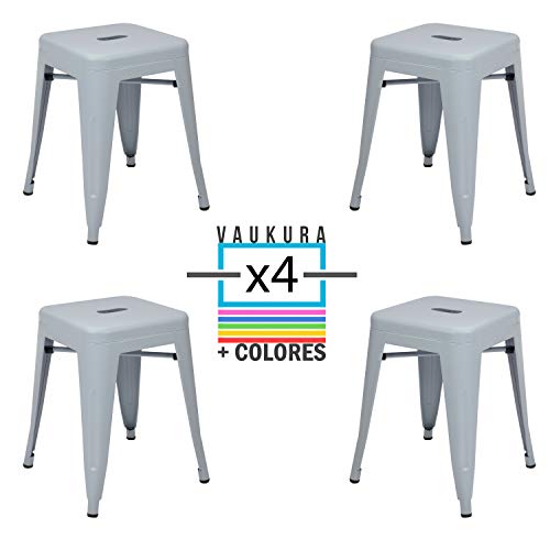 Vaukura Taburete Bajo Tolix (Pack 4) - Taburete Industrial Metálico Mate (Gris)