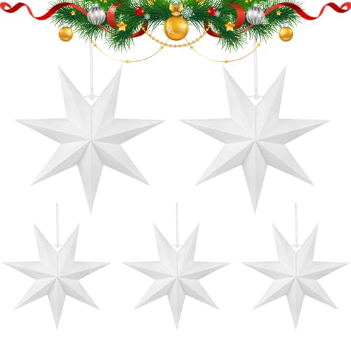 5 Stück Faltstern Weihnachten,7 Zacken Papiersterne,40cm Papierstern Dekoration,Papier Faltsterne,Papiersterne Weihnachten,Stern zum Aufhängen,Papiersterne 3D,Papiersterne zum Aufhängen (Weiß)