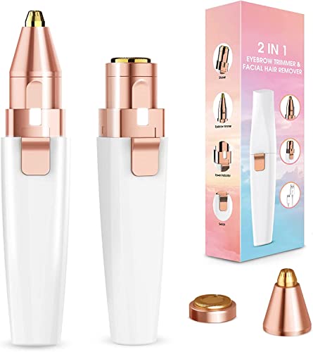 Facial Hair Remover & Eyebrow Trimmer for Women, Rechargeable 2 in 1 Face Eyebrow Nose Trimmer with LED Light, Flawless Painless Hair Remover