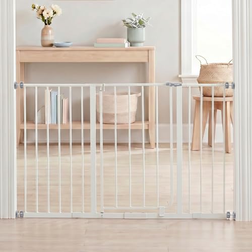 Image of Regalo Safety 29"-47" Extra Wide Baby Gate, Bottom of Stairs & Doorways | Pressure Mounted with Door, For Babies, Toddlers & Pets, White, Tested & Trusted for 30 Years