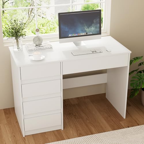 VOWNER Bureau avec Rangement – Modèle Blanc avec 5 Tiroirs, Idéal pour Chambre Ado ou Espace de Travail, Style Moderne 110 x 50 x 75 cm (Blanc)