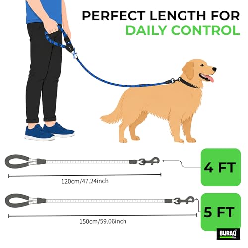 Image of Buraq Heavy Duty 5FT Dog Leash, Anti Slip Padded Handle, Highly Reflective Dog Rope & 360 Swivel Hook, Strong Leash for Dogs Walking & Training (Green, 5 Feet Long)