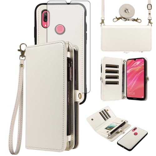 Coque Huawei Y7 2019 Asuwish étui portefeuille en cuir blanc avec verre trempé