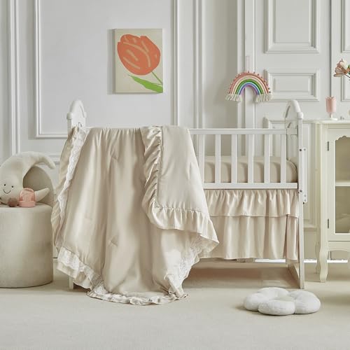 Lace Ruffle Crib Bedding Set 3 Pieces Baby Boho Lace Quilted Comforter with Fitted Sheet and Bed Skirt - Cute Ruffled Shabby Chic Baby Bedding Soft...