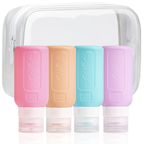 Uervoton Lot de 4 flacons de voyage en silicone, 90 ml, sans BPA, anti-fuite, rechargeables, étiquetés et transportés dans un sac transparent