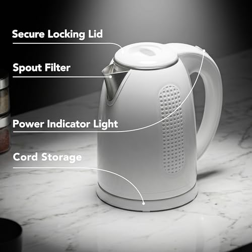 Image of OVENTE 1.7L Double Wall Electric Tea Kettle, 1100W Power, White KD64W | Water Boiler with Cool-Touch Exterior, Stainless Steel Interior, Auto Shut-Off, Boil-Dry Protection & Locking Lid, Easy Clean