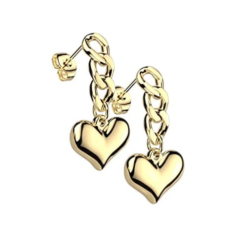 beyoutifulthings 1 Pair of Women's Ear Studs Chain Links Heart Pendant Earrings Silver Gold, 316L surgical steel Cover