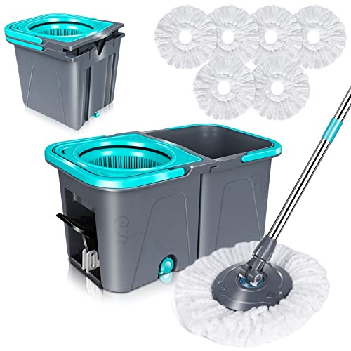 MASTERTOP Balai à Franges et Seau Essoreur à Pédale, Serpillère Rotative 360° avec Manche Téléscopique, Seau Détachable de 2 Compartiments à l'eau Sale Séparée, avec 6 Tampons Microfibre