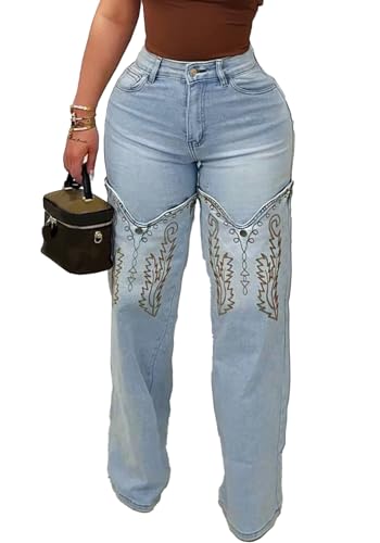 Embroidered Jeans for Women Casual Stretchy High Waisted Straight Leg Denim Pant with Pockets Y2k Streetwear