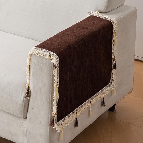 Image of HOKIPO 'Serenity Tassel' Chenille Sofa Arm Cover with Tassels - 1 Pair | Chestnut Luke (IN-893-BR*2)
