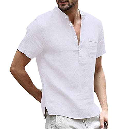 Chemise en coton et lin pour homme avec col montant blanc XXL
