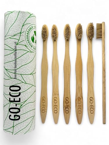GO-ECO Bamboo Toothbrushes Pack of 6 – Plastic‑Free, Biodegradable/Nylon-Free Bristles – Soft, Eco-Friendly, Compostable Packaging