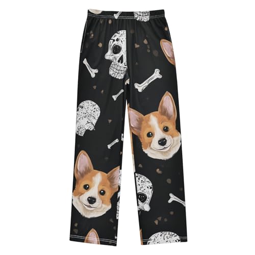 Skull and Corgi Dog Boys Long Pants Soft Trousers Elastic Waist Kids Lounge Bottoms with Pockets S-XL