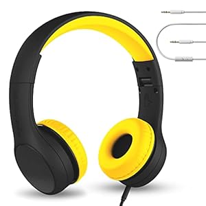 LilGadgets Connect+ Style Wired Kids Headphones for School with SharePort® Technology, Child-Friendly Foldable On-Ear Headset with Built-in Microphone, Wired Headphones Over Ear, Black/Yellow