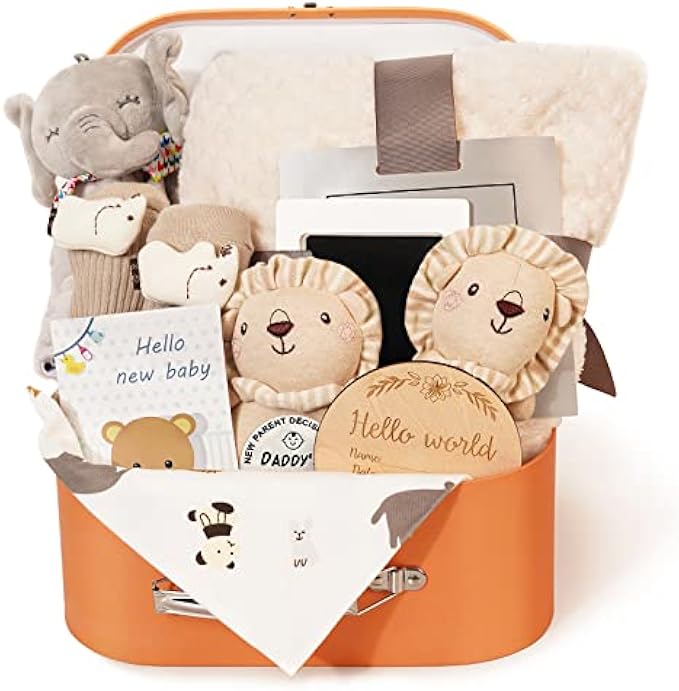 Baby Gift Set for Newborn - 11PCS Baby Shower Gifts Basket with Baby Blanket Baby Rattle, Wooden Keepsake Milestone Elephant Toy Decision Coin & Baby Bibs Socks Essentials for Baby Girls Boys