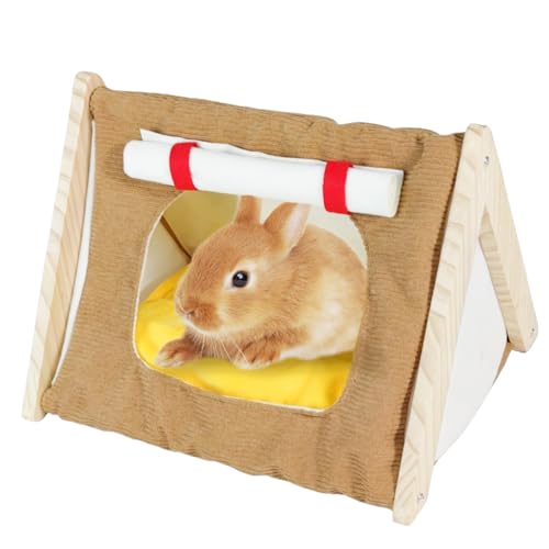 SEZDEKI Rabbit Tent Wood Guinea Pig Hideout Large with Curtain & Cushion Easy to Assemble Small Animal House Cage Accessories for Pet Bunny, Ferret, Rat, Chinchilla, Squirrel (Brown, Large)