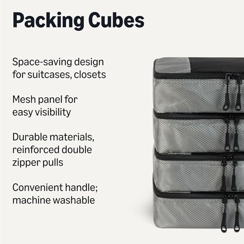 Image of Amazon Essentials 4-Piece Packing Cubes Travel Accessories Set, Space-Saving Luggage Organizer with Double Zipper, Mesh Top, Small, Gray (Previously Amazon Basics)