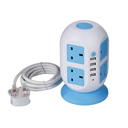 KingSaid 3 M/9.8ft Extension Lead Tower Power Strip Socket with USB 4 USB Ports 8 Way Outlets Surge Protector Individual Switch UK Plug Blue