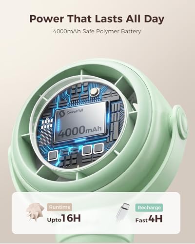Image of SWEETFULL Baby Stroller Fan - 4000mAh Rechargeable 4-Speed Quiet with LED Display & Night Light, Mini Portable 360 Clip On Safe Fan for Car Seat, Crib, Travel - Green