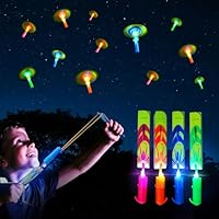 25 Packs LED Flying Toys Set with Whistle,25 Rocket Slingshot+25 Glow Arrow Helicopter for Summer Outdoor Camping Toys Game LED Slingshot Toy for Kids Glow in The Dark Party Supplies 8-12,4-8