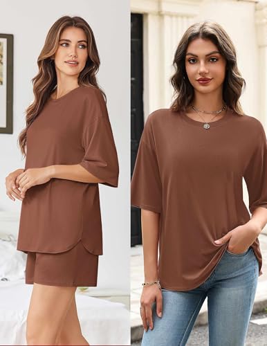 Image of Ekouaer Women's Two Piece Lounge Set Oversized Boxy T-shirt Casual Short Sets Summer Travel Matching Set 2026 Fashion