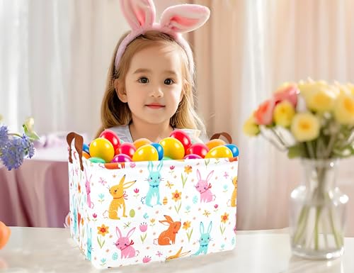 Image of Large Rectangular Easter Baskets Empty Waterproof Boy Toy Box Foldable Kid's Gifts Storage Bin Spring Room Decor(Flower Rabbit Egg)