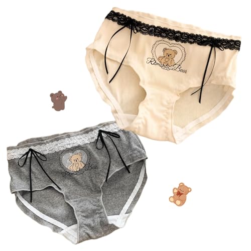 Cute Bear-printed Panties for Teen Girls Ruffled Trim Frilly Mid Waist Briefs Cotton Crotch Underwear Bow Decor Lace