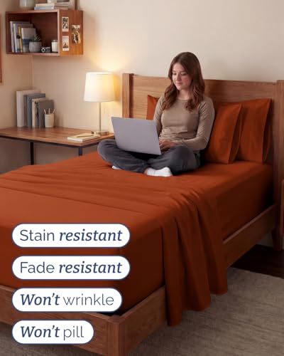 Image of Extra Deep Twin XL Sheet Set - 4 Piece Breathable & Cooling - Terracotta | Hotel Luxury Bed Sheets Set, Easy & Secure Fit, Ultra-Soft, Wrinkle & Fade Free, Comfy Sheets Set with Extra Deep Pockets
