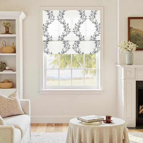 TWOPAGES No Drill Cordless Roman Shade Leaf Embroidered Geometric Pattern Roman Window Shade Customized Linen Cotton Light Filtering Roman Blind for Kitchen Windows,1 Piece, Peacock Blue