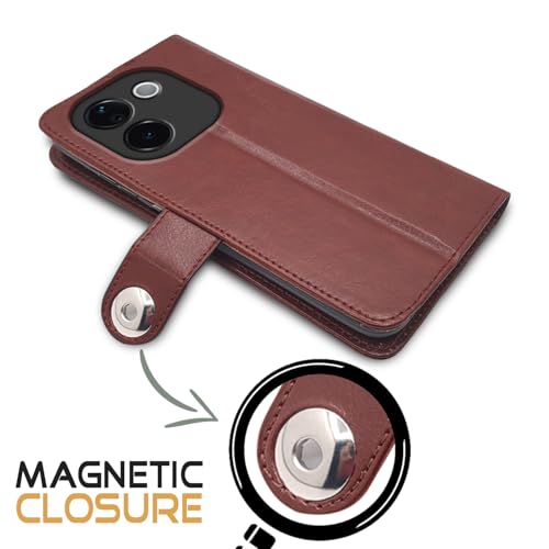 Image of Pikkme Flip Cover Leather Finish | Inside TPU with Card Pockets | Wallet Stand and Shock Proof | Complete Protection Button Flip Case for Vivo T3 Pro 5G / iQOO Z9s Pro 5G (Brown)