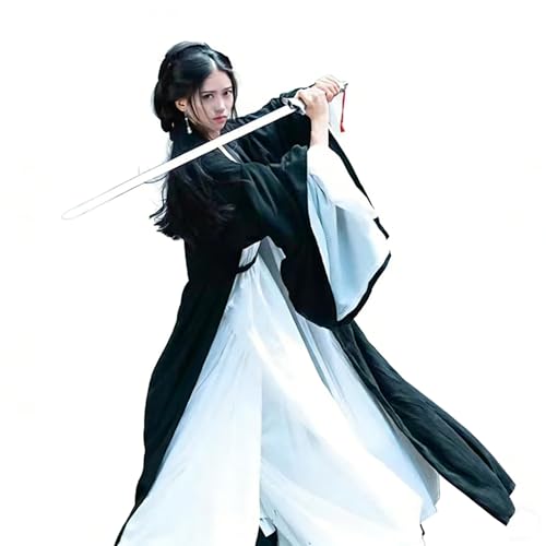 Robe Wuxia noire et blanche aux finitions soignées style arts martiaux