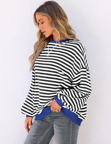 Image of UEU Women Oversized Striped Crewneck Sweatshirt Long Sleeve Color Block Pullover Tops Casual Loose Workout Shirt