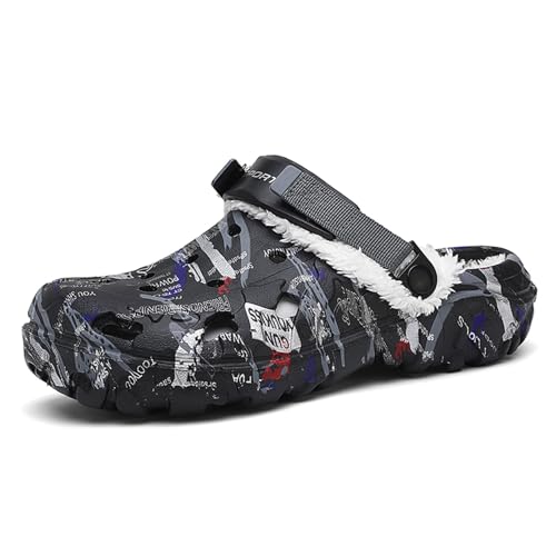 ihinzry Zuecos de jardín para hombre con forro polar cálido, zapatos de invierno para exteriores, antideslizantes, impermeables, correa ajustable, cómodos zuecos de trabajo, zapatos de taller, zapatos