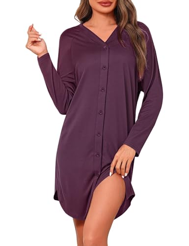 Crewhpo - Crewhpo Chemise de Nuit Maternité Boutonnée Devant Robe de Nuit Femme Col V Nuisette Coton à Maniche Lunghe Vêtements de Nuit Ample Couleur Unie Violet L - -5%