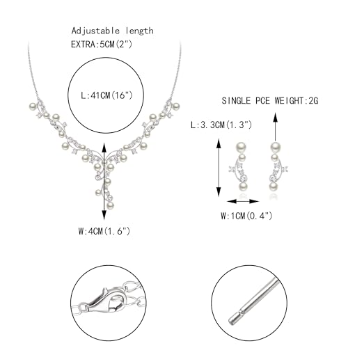 Image of White Faux Pearl Leaf Vine Bridal Cubic Zirconia Jewelry Set for Women | Wedding Party Necklace Earrings for Bridesmaid Bride