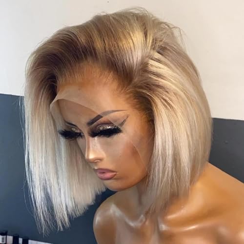 Msviki 13x4 Ombre Blonde Bob Wig with Dark Roots 613 Brazilian Remy Human Hair Double Drawn Preplucked 200% Density Short Straight Wig UHD Transparent Lace Frontal for Women 14inch Ash Blonde Bob Wig