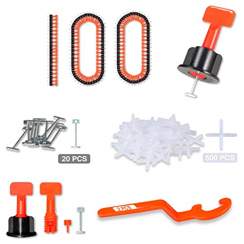 Tile Leveling System 1/16" Kit Reusable, 100pcs Tile Leveler Spacer with 500pcs 1/12" Tile Spacers, 2pcs Wrench and 20pcs 1/16" Replaceable Spare Steel Pin (100)