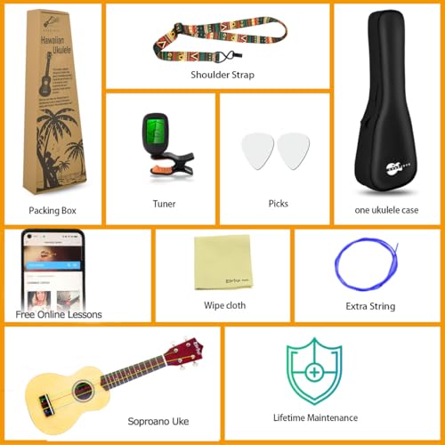 everjoys soprano ukulele beginner pack-21 inch wrainbow string free online lesson gig bag digital tuner pick all in one kit