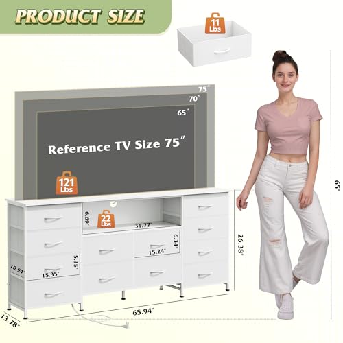 Image of WLIVE LED Dresser TV Stand for 75 Inch TV, 12 Drawers, White | Fits TVs up to 75 inch, 12 fabric drawers, LED chest of drawers, Built-in power outlet, Living room or bedroom