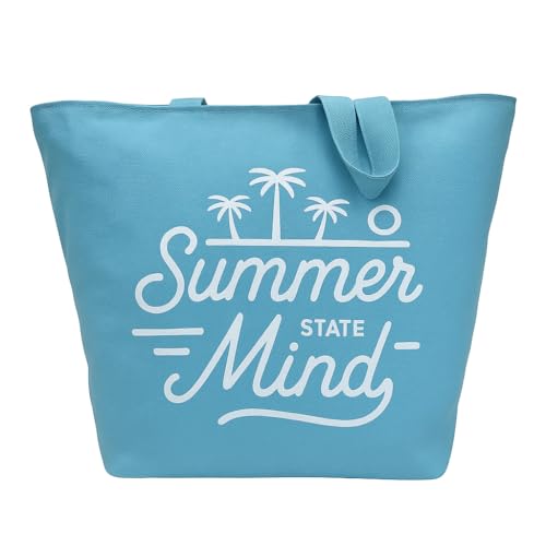 PATRONESMUJER Bolso de Playa Grande XXL Azul – Tote de Loneta con Frase “Summer State of Mind” – Bolsa Veraniega para Mujer, Viajes, Piscina, Compras y Vacaciones. (AZUL)