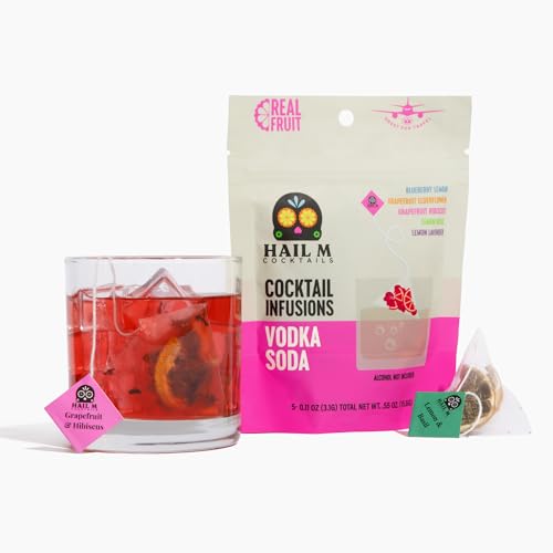 Hail M Cocktails Vodka Soda Cocktail Infusion Kit – DIY Low Sugar Cocktail Kit, TSA-Approved Gift Made with Blueberry, Basil, Grapefruit, Hibiscus, Lavender, Lemon, Elderflower – Sugar Free – 5 Cocktail Teabags