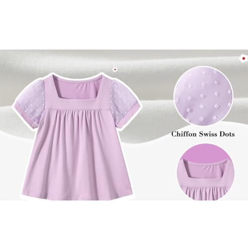 Image of Girls Shirts Puff Short Sleeve Tunic Tops Pleated Square Neck Loose Blouse for Girl Summer Casual Blouse Tee