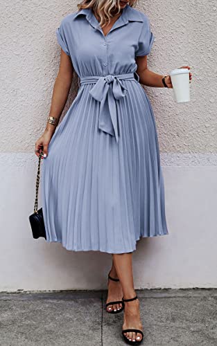 Image of ECOWISH Womens Casual Midi Dresses Solid V Neck Short Sleeve Button Shirt Belted Dress with Pockets for Spring Summer 2026