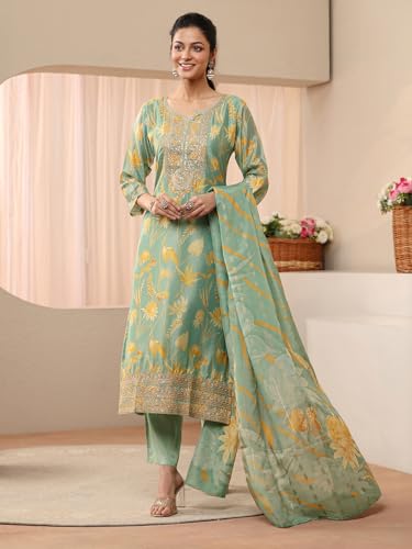 Image of Libas Printed Chinon Straight Kurta With Trouser and Dupatta | daily wear suit