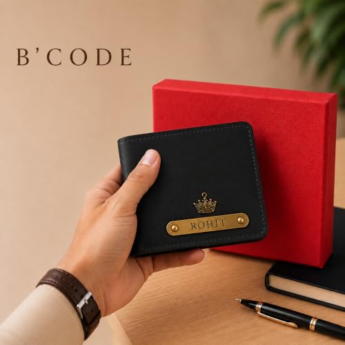Image of B'Code Customised Original Leather Wallet for Men with Name, Personalized Purse Unique Stylish Gift for Brother, Husband, Boyfriend, Birthday, Rakshabandhan, New Year, Valentine's Day (Black)