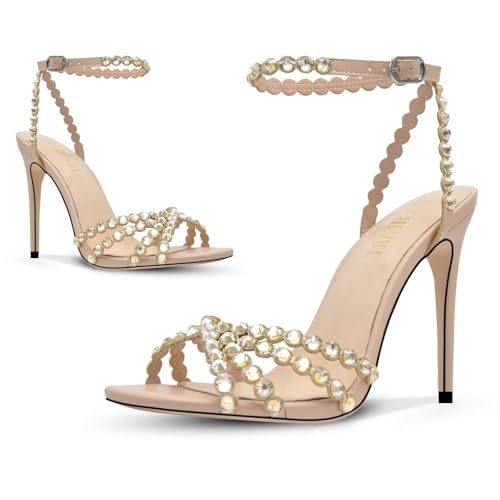 Image of HOCHFART Women's Rhinestone Stiletto High Heels Buckle Strappy Heeled Sandals Round Toe Sexy Dressy Pumps Shoes