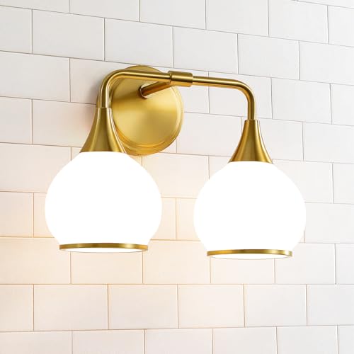Image of Brushed Gold Bathroom Light Fixtures 2-Lights Vanity Lights with Milky White Frosted Glass Shade Bathroom Vanity Light 14 inch Wall Sconce Lighting Bath(Exclude E26 Bulb)